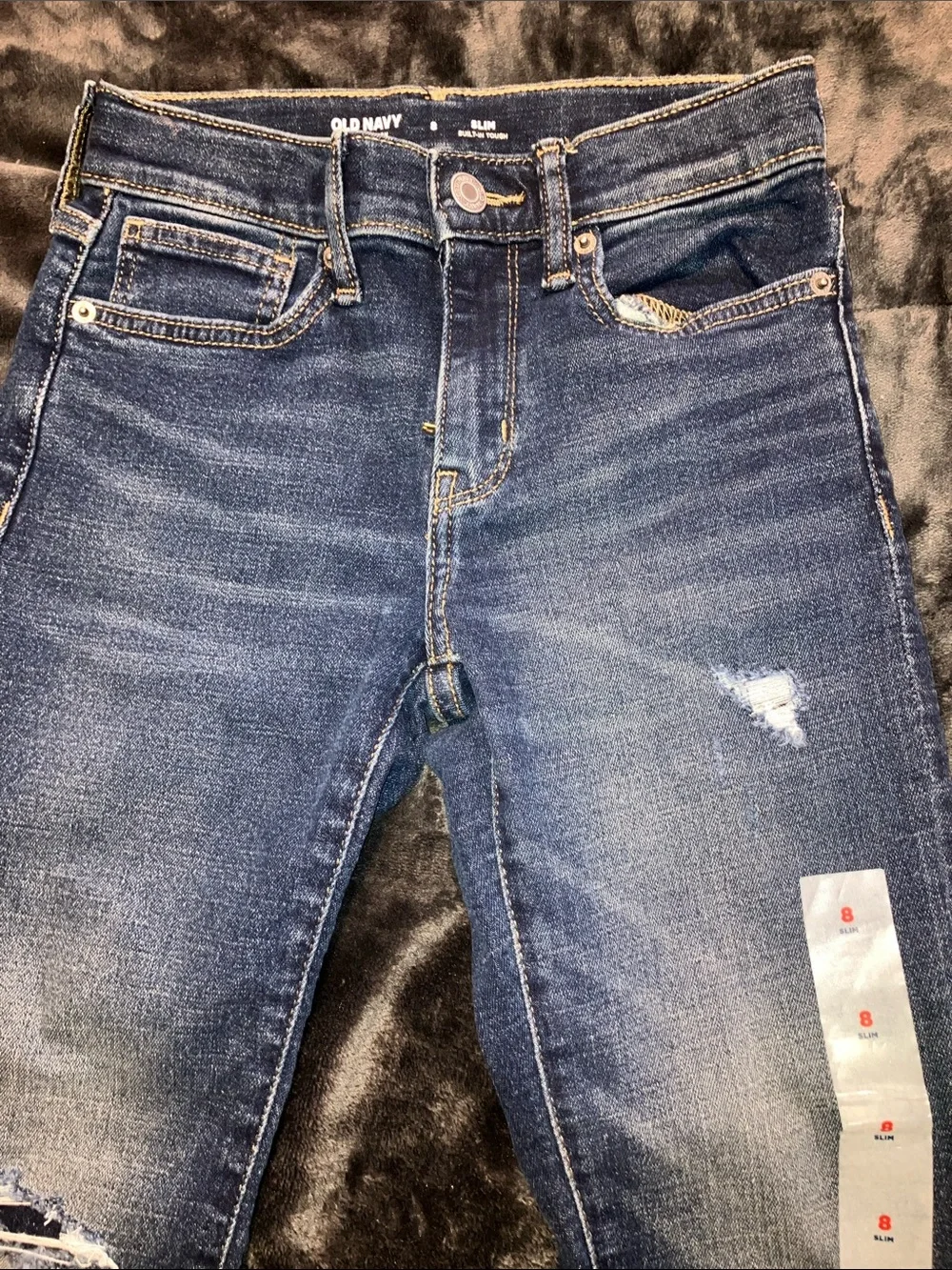 Old Navy Girls Dark Wash Slim Adjustanble Jeans with Light Distress